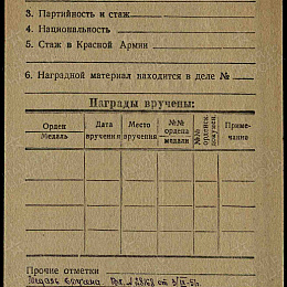 Учетная карточка награжденного. Егорова Александра Мамонтовича, капитана 3 ранга. Награжден медалью КНР "Дружба народов" (2-я стр.).