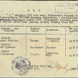 АКТ вручения медали "За оборону Ленинграда" от 2 сентября 1946 г.