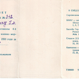 1950 год, билет участника Спартакиады ВМУЗ, лист 2.